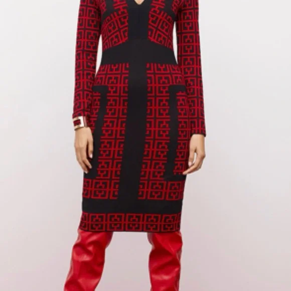 New York & Company Red and Black Long Sleeve V-Neck Knit Dress - Picture 2 of 3